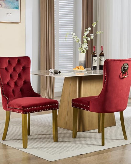 Modern 5-Piece Glass Dining Table Set for 4, Modern 60" Rectangle Gold Glass Dining Room Table Set with Wine Red Velvet Tufted Chairs Wood Legs for Kitchen Dining Room
