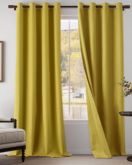 Extra Lenght 100% Blackout Linen Textured Curtains 120 Inch Length 2 Panels Set for Living Room, Bedroom, Full Blackout Curtains with Grommets Top, Gold, 52" W x 120" L, 2 Panels