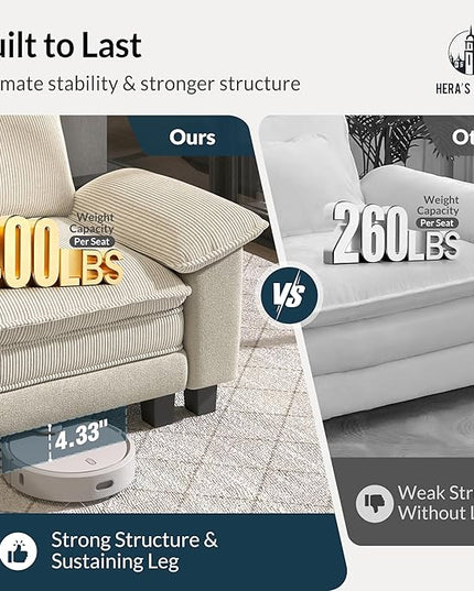 HERA'S HOUSE 124" Modular Sectional Sofa, Oversized L Shaped Couches for Living Room, Comfy Cloud Couch with Ottoman, 4-Seater Deep Seat Sofa with Throw Pillow, Corduroy and Chenille Beige