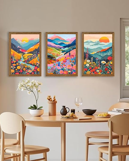 InspiredHues Colorful Mountain Boho Canvas Wall Art Set, 3 Piece Watercolor Flower Picture Wall Decor, Abstract Nature Landscape Artwork Prints for Living Room Bedroom Office 12x16 In Wood Framed
