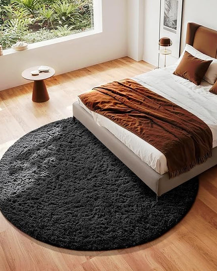 Ophanie Round Rug 7Ft Black Circle Area Rug, Room Decor for Men, Fluffy Fuzzy Bedroom Carpet, Plush Soft Shaggy Living Room Rugs for Kids Home Decor Aesthetic, Nursery