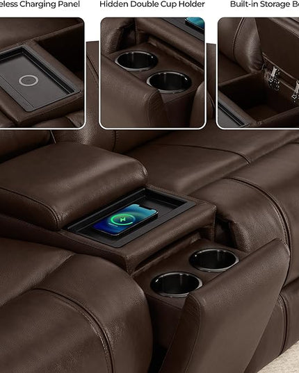 CHITA Genuine Leather Power Recliner Sofa, Wall Hugger Reclining Loveseat with Console, Power Headrest, Charging Ports, Reclining Sectional Couch for Living Room, RV, Dark Brown