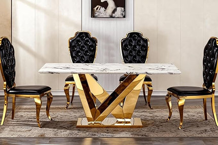 70 Inch Modern Rectangular Dining Table for 6, Faux Marble Top with Mirrored Stainless Steel Base, Large Kitchen Table for Dining Room, Living Room, Office, Conference, (Table Only) (Gold + White)