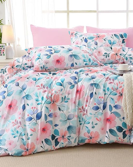 MUXHOMO Pink Blue Branch Bed in a Bag Queen 7 Pieces, Queen Comforter Set Reversible Botanical Flowers Design, Ultra Soft & Breathable Bedding Sets with Comforter, Sheets, Pillowcases & Shams