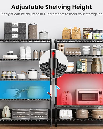 45" W Storage Shelves 5 Tier Wire Shelving with Shelf Liners, Adjustable Metal Garage Shelving, 1875LBS Heavy Duty Commercial Storage Rack for Pantry Kitchen, 45" W x 16" D x 72" H, Black