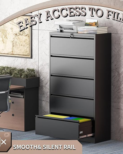 5 Drawer Lateral File Cabinet with Lock, Metal File Cabinet, Lateral File Cabinets for Home Office, Heavy Duty File Storage Cabinet for Legal/Letter/A4 Document, Assembly Required, Black