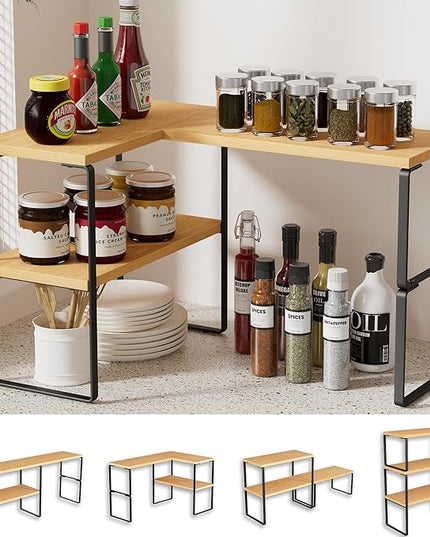 Golener Countertop Organizer Corner Shelf, 2-Tier Adjustable Stackable Corner Shelves for Kitchen, Spice Rack, Coffee Area, Over Sink, Bathroom, Dresser Table, Corner Counter Shelf Stand, Bamboo