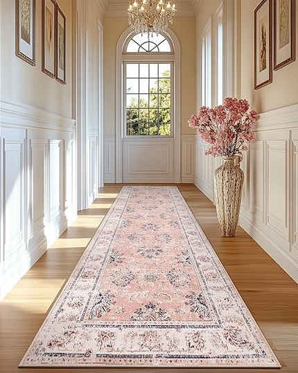 jinchan Fiora Long Hallway Runner Rug 2x12 Machine Washable Runner Rug Pink Vintage Floral Design Non-Slip Ultra-Thin for Kitchen Laundry Room Bedroom Farmhouse (2‘x12', Pink)
