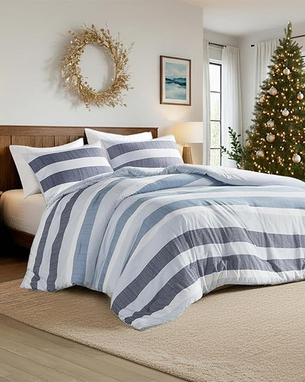 Queen Comforter Set, 3 Pieces Striped Bed Set, Soft Brushed Microfiber Reversible Bedding Set for All Season, Lightweight & Breathable Bedding Set with Comforter & Shams, Navy/Blue