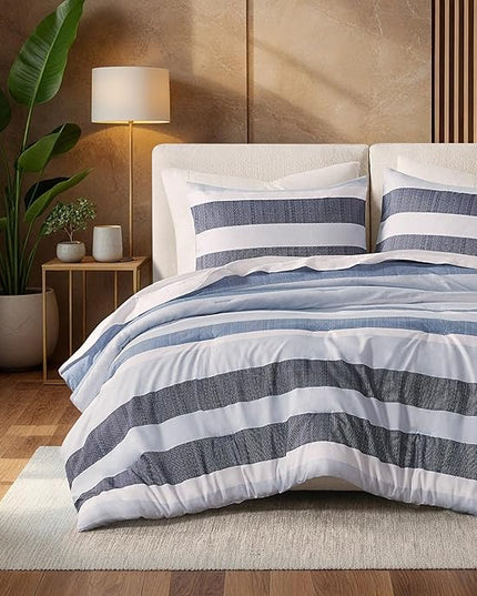 King Comforter Set, 3 Pieces Striped Bed Set, Soft Brushed Microfiber Reversible Bedding Set for All Season, Lightweight & Breathable Bedding Set with Comforter & Shams, Navy/Blue