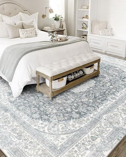 8x10 Area Rugs Washable,Grey Rug for Living Room Bedroom Dining Room,Large Boho Vintage Bohemian Distressed Carpet Non Slip,Floral