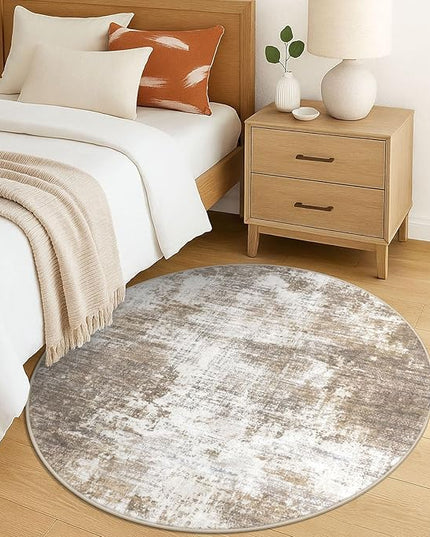 IOHOUZE Round Area Rug 5 Ft Circle Entryway Rugs Round Washable Door Mat Indoor Entrance, Non Slip Circle Front Door Rug, Printed Abstract Faux Wool Floor Carpet for Foyer Porch Sink, Beige Brown