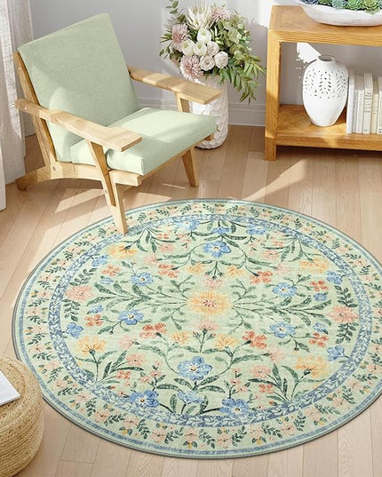 Wonnitar Washable Round Area Rug, 5ft Green Floral Round Rug Boho Soft Circle Carpet, Non Slip Low Pile Circle Accent Carpets for Kitchen Living Room Entryway Bedroom