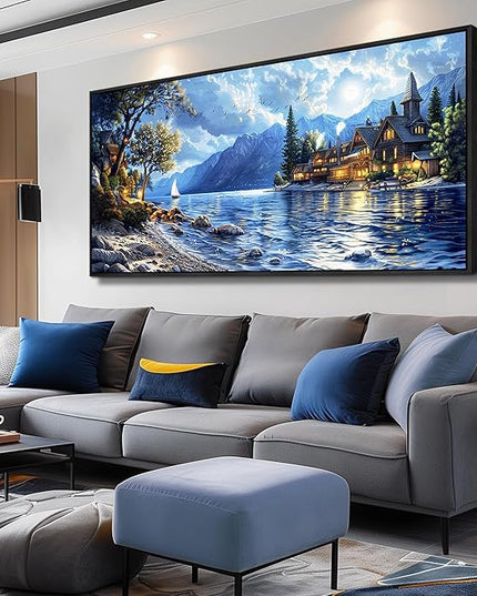 XIGUANGART Large Canvas Wall Art Blue Ocean Picture Mountain Wall Decor Lake Beside Countryside Coastal Framed Artwork for Living Room Bedroom Home Office Hotel Forest Scenery Painting Decoration