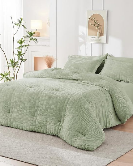 HYMOKEGE Light Green Full Size Comforter Sets Seersucker 7 Pieces, All Season Luxury Bed in a Bag for Bedroom, Bedding Set with Comforters, Sheets, Pillowcases & Shams