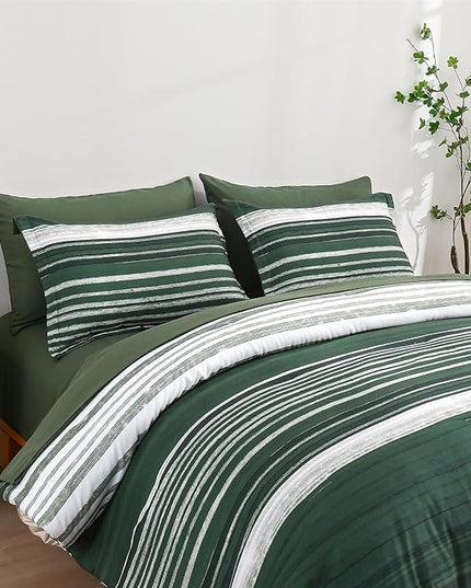 KAKIJUMN 7 Piece Bed in a Bag Stripe Comforter Set Queen Size, White Grey Green Patchwork Striped Comforter and Sheet Set, All Season Soft Microfiber Complete Bedding Sets(Dark Green,Queen)