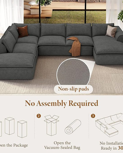 Vesgantti 141.7" Oversized Boneless Sectional Couch, Modern 7 Seater Modular Sofa with Chaise & Ottoman, Deep Seat Corduroy Cloud Couches for Living Room, No Assembly Required, Dark Gray