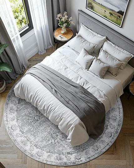 jinchan Fiora Round Rug 7ft Area Rug - Grey Vintage Floor Mat Indoor Ultra-Thin Soft Floral Print - Washable Circle 7' Retro Accent for Farmhouse Non Slip Dining Room Living Room Bedroom Office
