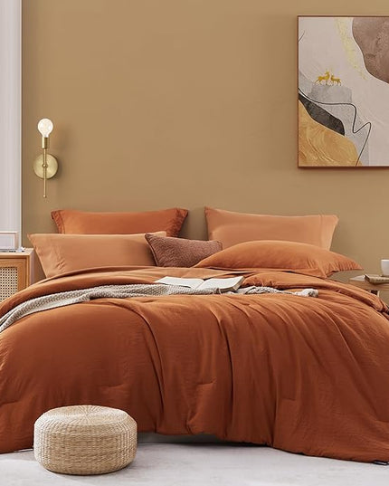 WRENSONGE Queen Comforter Set- 7 Pieces Soft Burnt Orange Bed in a Bag with Fitted Sheet, Flat Sheet, 2 Shams, and 2 Pillowcases-Warm Bed Sets Fall Comforter for All Seasons