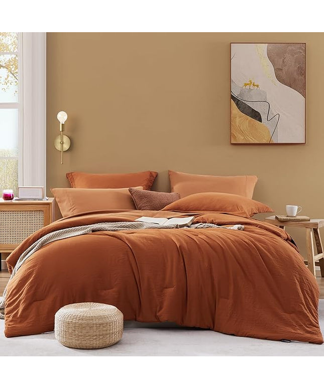 WRENSONGE King Size Comforter Set- 7 Pieces Soft Burnt Orange Bed in a Bag King with Fitted Sheet, Flat Sheet 2 Pillow Shams, and 2 Pillowcases- Warm Bedding Set for All Season