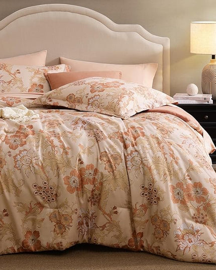Full Comforter Set -7 Pieces Terrecotta Floral Comforter Set for All Seasons, Bed in a Bag Full with Botanical Flowers Comforter, Sheets, Pillowcases & Shams