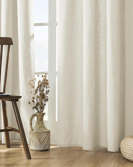 Joydeco Linen Curtains for Living Room,Light Filtering Rod Pocket Back Tab Semi Sheer Drapes Window Long Curtains 90 inches Long Ivory