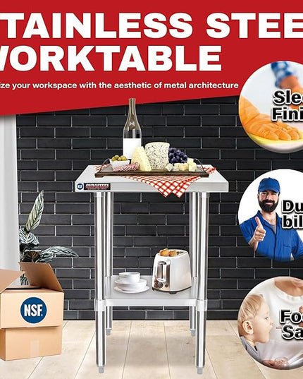 DuraSteel 24x18 Small Stainless Steel Table - NSF Metal Food Prep Commercial Kitchen Workt able - Side Mixer Stand with Under Shelf - For Laundry Room, Kitchen, Outdoor Grill, Small Spaces