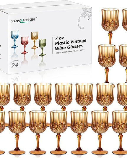 XUWAIDSGN 7oz Plastic Vintage Wine Glasses Drinking Glasses Unbreakable Wedding Glassware Crystal Water Goblets Reusable Drinkware Vintage Champagne Flutes (24, Brown)