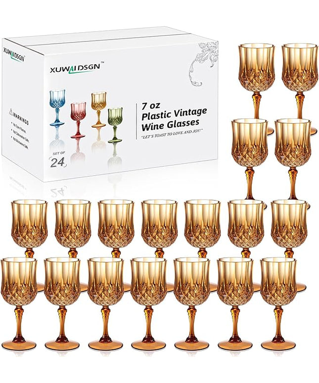 XUWAIDSGN 7oz Plastic Vintage Wine Glasses Drinking Glasses Unbreakable Wedding Glassware Crystal Water Goblets Reusable Drinkware Vintage Champagne Flutes (24, Brown)