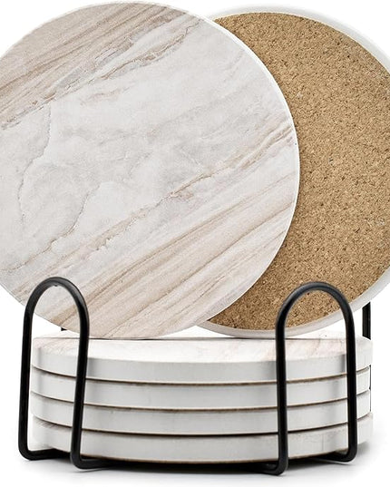 6Pcs Drink Coasters with Holder, Marble Style Ceramic Drink Coaster, Absorbent Coasters Set Suitable for Kinds of Cups, Modern Style Coasters for Coffee Table, 4 Inches