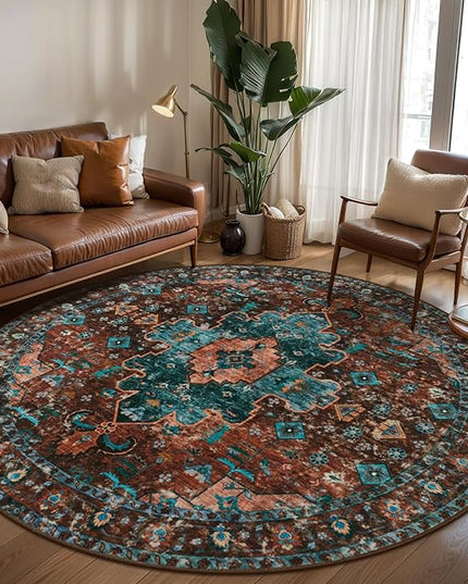 Ciicool Boho Area Rug Washable 6x6ft Round Bedroom Rug Non-Slip Oriental Throw Rug Low-Pile Floor Carpet for Dining Room Living Room(Brick Red/Dull Teal)