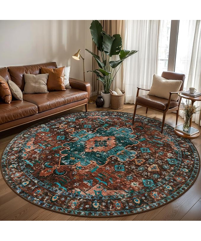 Ciicool Boho Area Rug Washable 6x6ft Round Bedroom Rug Non-Slip Oriental Throw Rug Low-Pile Floor Carpet for Dining Room Living Room(Brick Red/Dull Teal)
