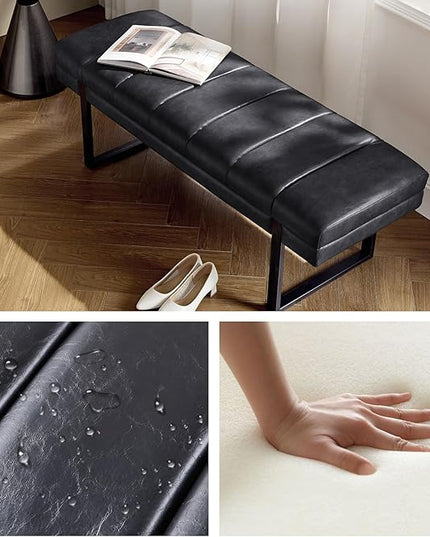 HULALA HOME 53" Faux Leather Entryway Bench, Button Tufted End of Bed Bench Ottoman for Bedroom, Living Room with Metal Base,Black