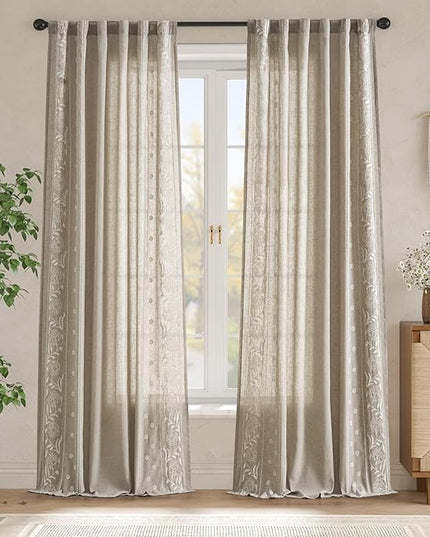 jinchan Winslow Linen Curtains for Bedroom 96 Inches Length Embroidered Bordered Floral Curtains for Living Room Farmhouse Decor Light Filtering Window Treatments Ivory on Taupe Drapes 2 Panels