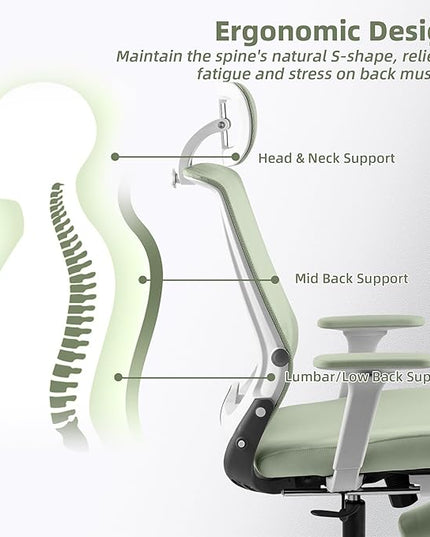 Foldable Office Chair with Foot Rest, Ergonomic Office Chair with Adjustable Lumbar Support, Headrest, Armrest, Home Office Desk Chair for Space Saving, Work from Home, Green