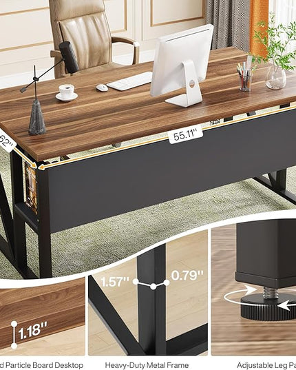 Tribesigns 55 inches Simple Computer Desk,Home Office Desk Writing Table for Workstation,Dark Walnut + Steel Leg， Cabinet not Included (Walnut, 55-inch)