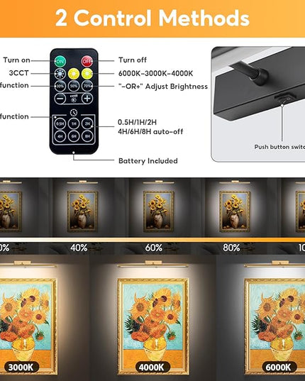 Picture Light for Wall Battery Operated, 16" Rechargeable Art Light with Remote and Timer for Painting, 3 Color Temps, Wireless Wall Light for Display, Artwork, Portrait, Gallery, Black