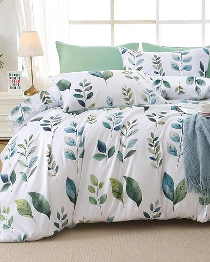 MUXHOMO Grey Green Foliage Full Comforter Set, Elegant Floral Print Bed in a Bag 7 Pieces, Soft & Breathable Reversible Botanical Pattern Bedding Set with Comforter, Sheets, Pillowcases, and Shams