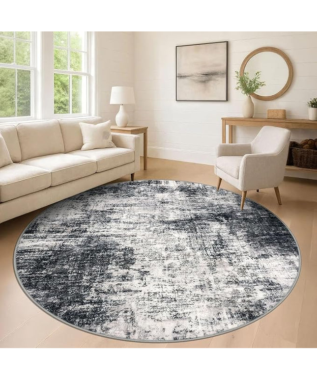 IOHOUZE Abstract Round Area Rug 8 Ft Washable Circle Rugs Large Round Rug Non Slip Thin Soft Circle Rugs, Printed Faux Wool Floor Carpet for Bedroom Living Room Dining Room Nursery, Black Grey