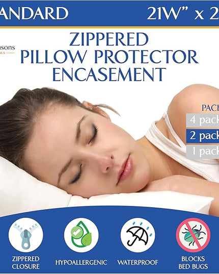 Standard Pillow Protectors (Set of 2) – Zippered Waterproof Pillow Covers Hypoallergenic Dust and Allergen Proof Pillowcase Encasement