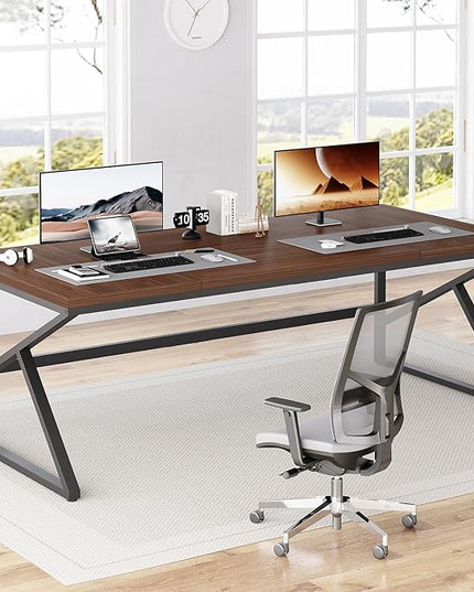 HSH 70 Inch Long Walnut Desk, 2 Person Large Work Desk for Home Office, Rustic Wood and Metal Executive Writing Study Gaming Computer Table, Modern Bedroom Living Room PC Laptop Dual Monitor Table
