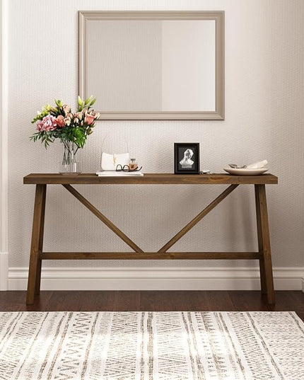 Wnutrees 63" Farmhouse Solid Wood Console Tables, Rustic Hallway Table, Solid Firwood Sofa Table for Entryway, Living Room, Easy Assembly, Natural