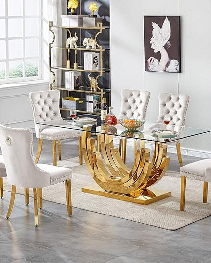 Henf 7-Piece Glass Dining Table Set with 6 Upholstered Dining Chairs, Large Gold Dining Table and Chair Set for 6, Modern Kitchen Table Furniture for Dining Room, Stainless Steel Base and Glass Top