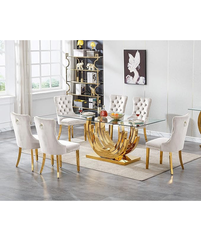 Henf 7-Piece Glass Dining Table Set with 6 Upholstered Dining Chairs, Large Gold Dining Table and Chair Set for 6, Modern Kitchen Table Furniture for Dining Room, Stainless Steel Base and Glass Top