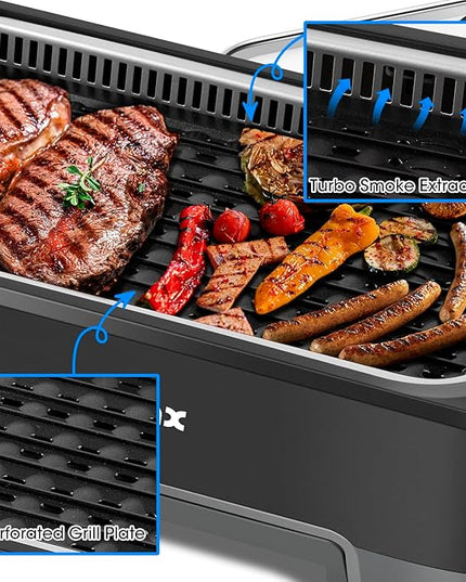 CUSIMAX Electric Indoor Grill, 1500W Smokeless Korean BBQ Grill with Smart LED Display & Tempered Glass Lid, Removable Non-stick Plate, Turbo Smoke Extractor, Black