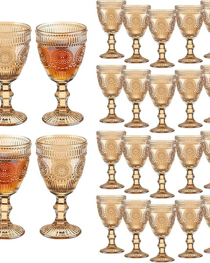 24 Pcs Vintage Wine Glasses, 10 Oz Colored Glass Water Goblets, Unique Flower Embossed Pattern High Clear Stemmed Glassware Wedding Party Bar Glass Drinking Cups Flower Amber Fancy Glasses Set of 24