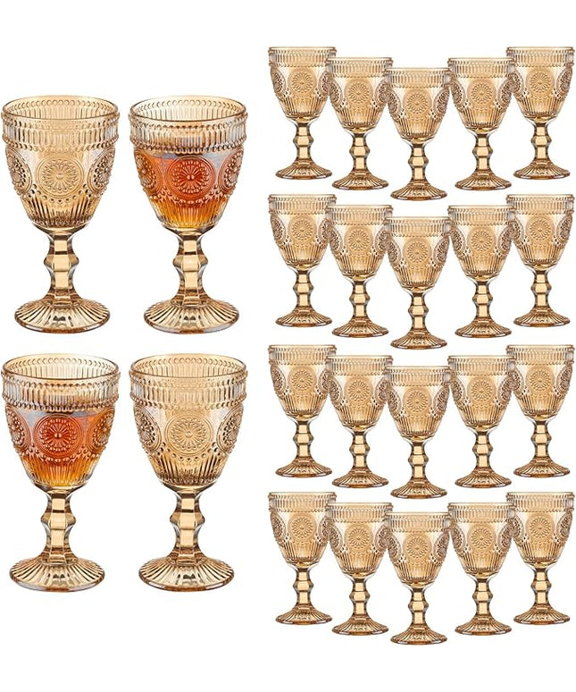 24 Pcs Vintage Wine Glasses, 10 Oz Colored Glass Water Goblets, Unique Flower Embossed Pattern High Clear Stemmed Glassware Wedding Party Bar Glass Drinking Cups Flower Amber Fancy Glasses Set of 24