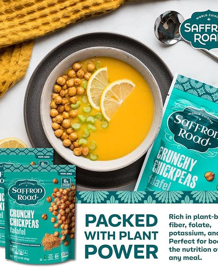 Saffron Road Roasted Falafel Crunchy Chickpeas | High-Protein, Vegan, Gluten-Free, Non-GMO, Halal & Kosher Certified Snack | 5.4 oz Resealable Pouch | Pack of 6