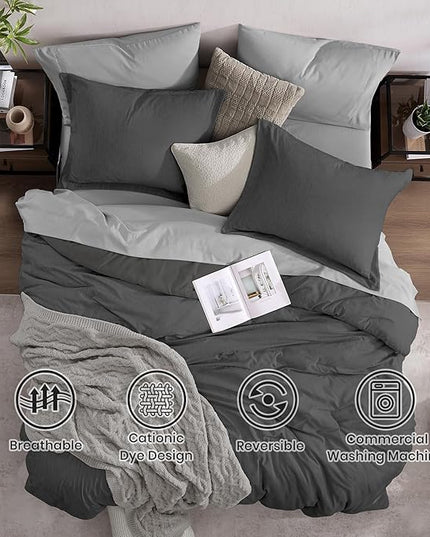 Monbix Queen Comforter Set - 7 Pieces Cationic Dyeing Dark Grey Bed in a Bag Queen Bedding Sets with Comforter, Sheets, Pillowcases & Shams, Reversible Bedding Comforters Sets