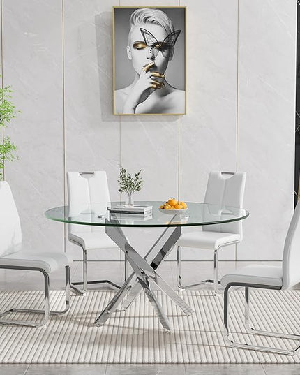 HomVent Round Glass Dining Table Set for 4, 5-Piece Modern Kitchen Table Set with 4 PU Upholstered Chair for Kitchen Dining Room, Glass Dining Room Table Set